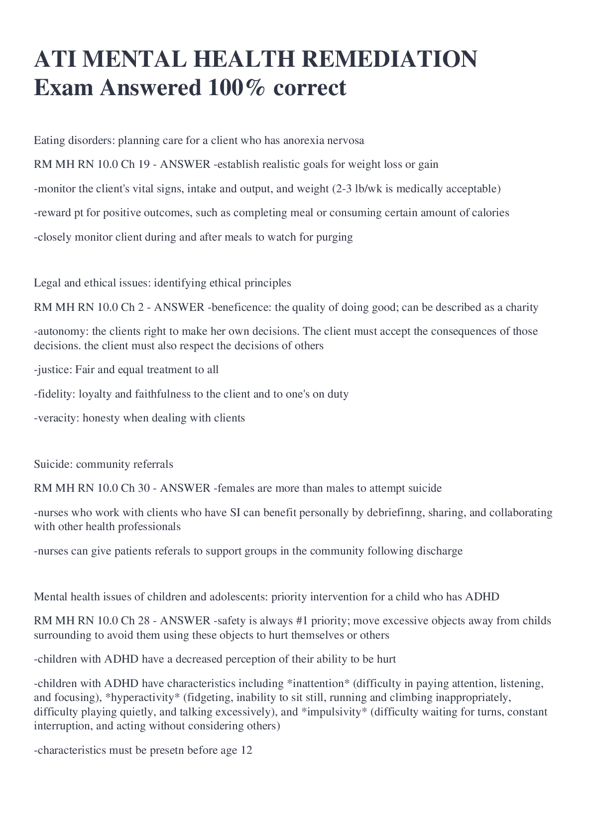 Preview image for ATI MENTAL HEALTH REMEDIATION Exam Answered 100% correct